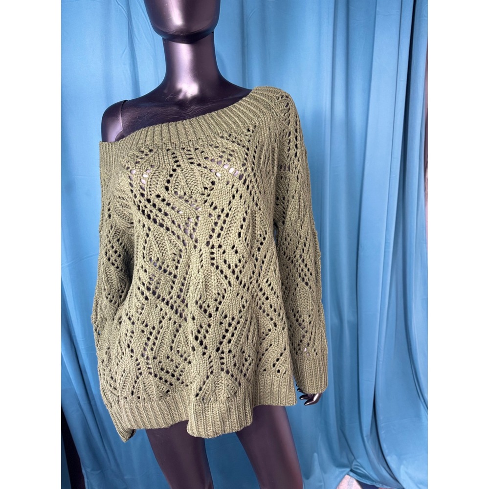 Shein Olive Green Pointelle Knit Off Shoulder Sweater Boho Diamond Weave 3XL
